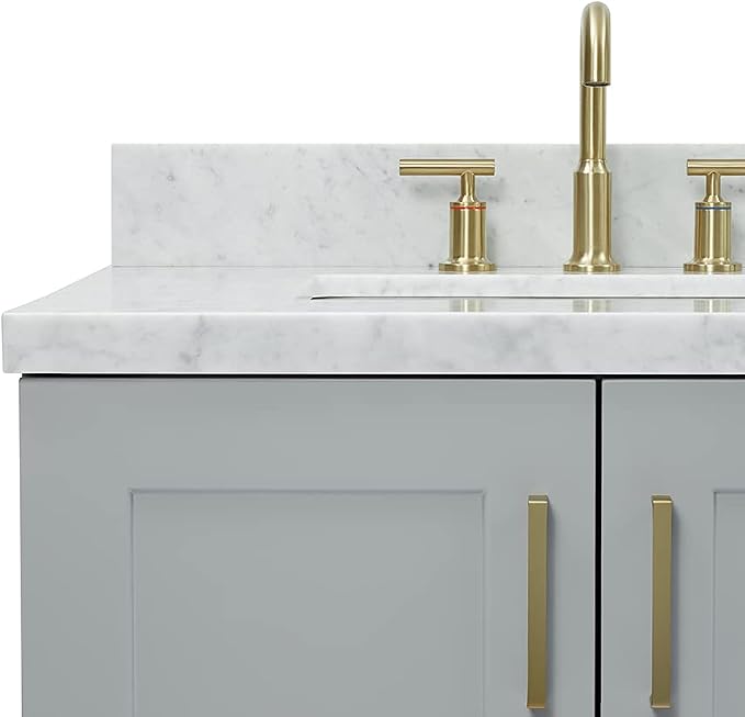 ARIEL Taylor 72-inch Bathroom Vanity with Sink,Solid Wood, 1.5-inch Italian Carrara Marble Countertop & Backsplash, Double Rectangular Porcelain Sink, 4 Soft Closing Doors, 6 Dovetail Drawers, Grey