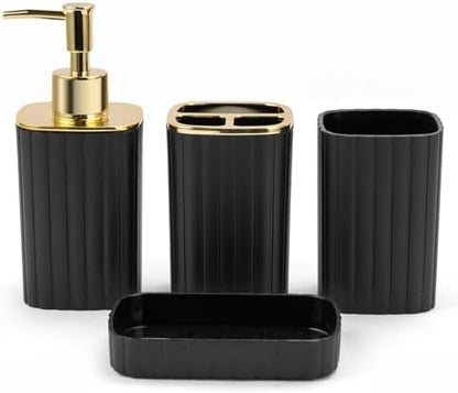 RRM Bathroom Accessories Set 4 Piece, Black and Gold Bathroom Set
