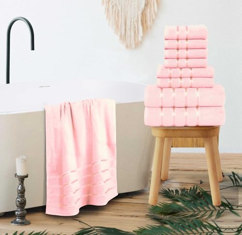 Luxury Pink Towel Set of 8-2 Bath Towels 2 Hand Towels 4 Washcloths - 600 GSM 100% Cotton Ring Spun Viscose Border Towels Set - Light Pink