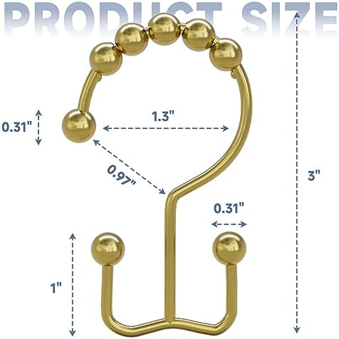 Titanker Gold Shower Curtain Hooks Rings, Rust-Resistant Metal Double Glide Shower Hooks Rings for Bathroom Shower Curtains Rods, Set of 12 Hooks - Light Gold