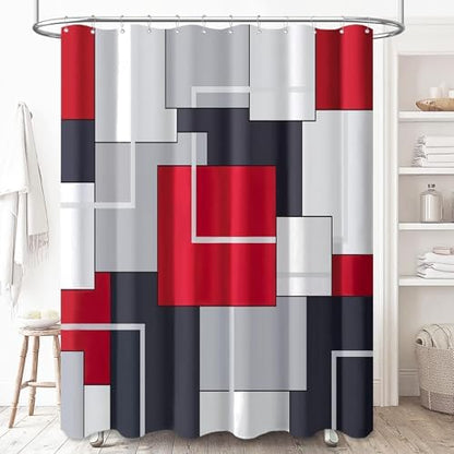 BTTN 60x72 Stall Modern Geometric Waterproof Fabric Shower Curtain Set, Red