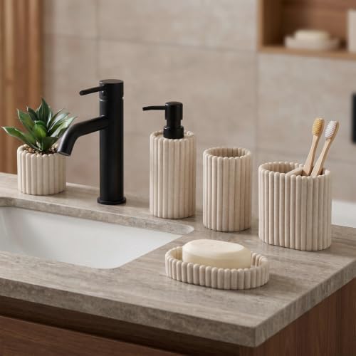 Bathroom Accessories Set,Sandstone Look Beige, Thick Stripe, 5 PCS