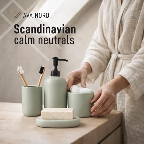 Ava Nord Modern Minimalist Ceramic Bathroom Accessories | Set of 4 | Green
