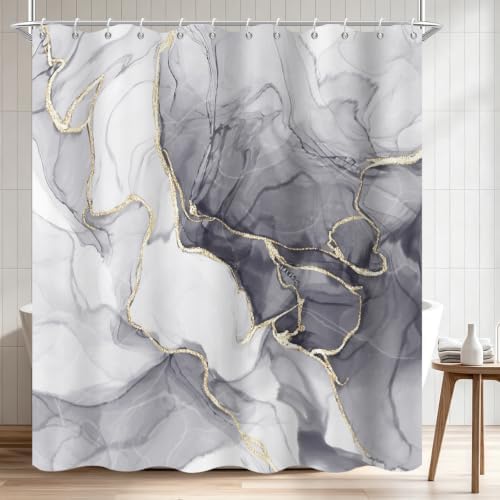 Grey Marble Shower Curtain Modern Abstract Luxury Gold Ink Texture Gray Ombre Watercolor Bathroom Curtain Set with Hooks Soft and Lightweight Waterproof Fabric Machine Washable 72" Wx72 L