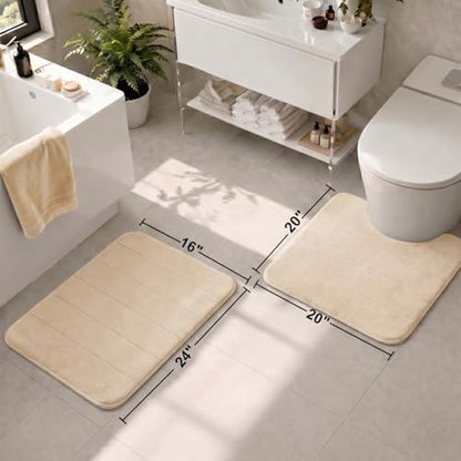 2 Piece Memory Foam Bath Mat Set, Extra Soft Absorbent Bathroom Rugs with U-Shaped Toilet Rug, Non-Slip Backing, Machine Washable, 24x16 + 20x20 U-Shaped, Camel