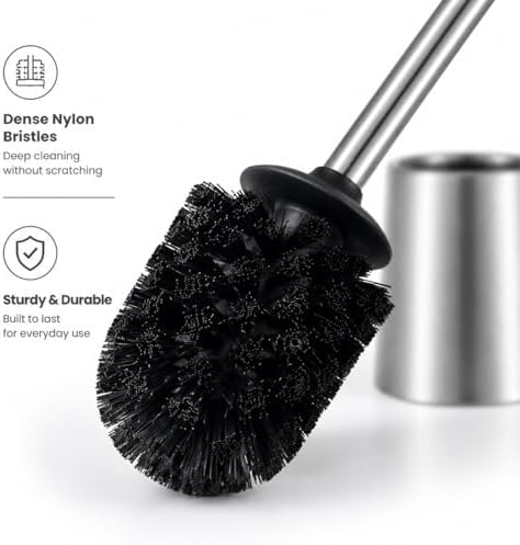 SUS304 Stainless Steel Toilet Brush and Holder Hard Bristles Bathroom Brush Head Toilet Cleaner for Bowl Bathroom Cleaning Brush Caddy with Oily Coating Brushed Chrome