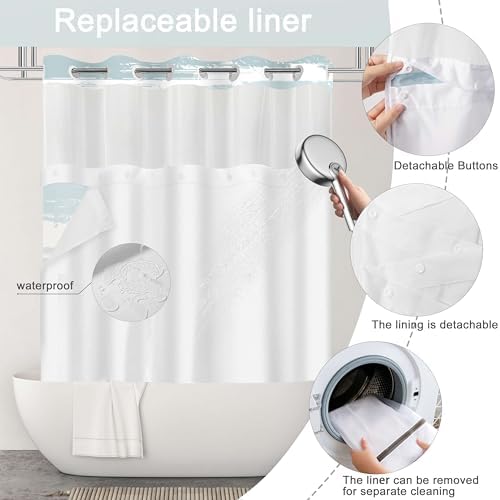 No Hook Shower Curtain with Liner, Cyan Stripe, 71x74 Inch