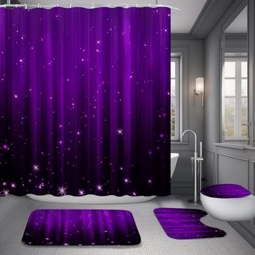 Yddsky 4 Pcs Luxury Purple Black Shower Curtain Set with Rugs Bathroom Set