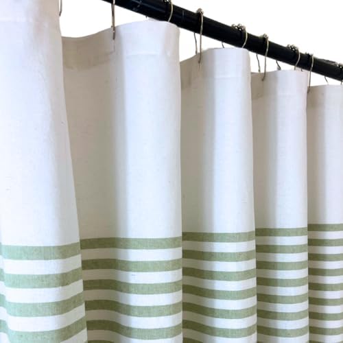 Serafina Home Sage Light Green & White Striped Cotton Shower Curtain