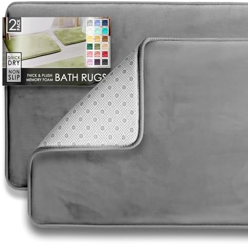 Clara Clark 2 Piece Bathroom Rug Set - Memory Foam, Bath Mat Set, Plush, Cozy, Ultra Soft, Non Slip, Machine Washable, Quick Dry - 24” x 17”+ 32” x 20” - Medium Grey