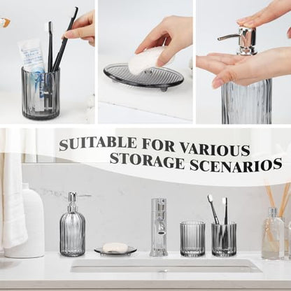 Bathroom Accessories Set, 4Pcs Black Grey Glass Bathroom Accessories Sets Complete Lotion Soap Dispenser, Toothbrush Holder, Mouthwash Cup, Soap Dish for Bathroom Decor, Countertop Organizer