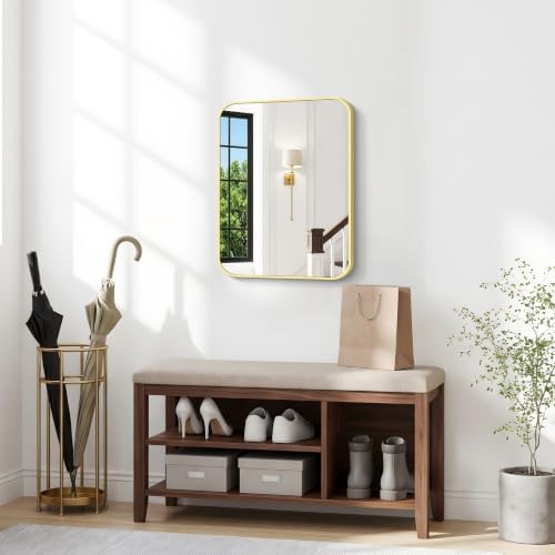 BONEWEI Gold Bathroom Mirror,18x24 inch Wall Mirror for Bathroom Wall Mounted,Round Rectangle Mirror for Bathroom Over Sink,Modern Frame for Home Decor Living Room,Bedroom Entryway,Horizontal/Vertical