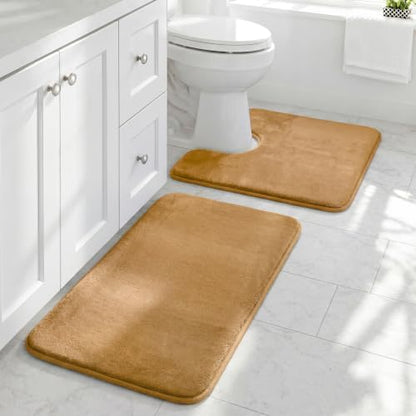 HUXMEYSON Bathroom Rugs Sets 2 Piece, Non-Slip & Quick Dry Bath Mat Set, Ultra Soft Velvet Bath Rugs for Bathroom, Toilet and Shower Floor, Khaki