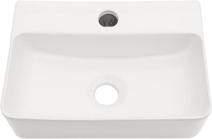 Floating Bathroom Sink Wall Mounted - Rectangle Vessel Sink 14" x 10" Small Modern Bathroom Wall Hung Sink White Porcelain Ceramic Vessel Vanity Sinks with Faucet Hole