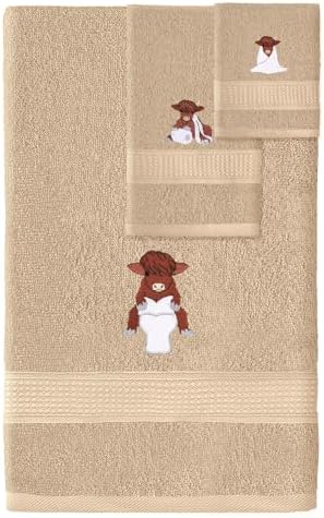 3 Pcs Highland Cow Bathroom Towel Set, Brown, 100% Cotton