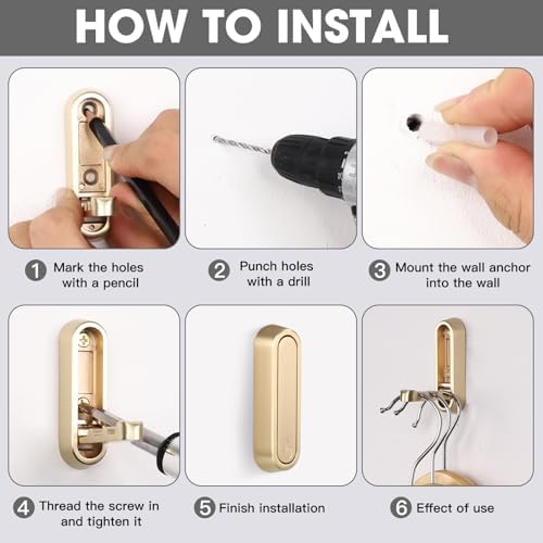 Folding Coat Hooks, Gold, 6 Pack, Wall Hook, Hanging Towels Clothes Bag