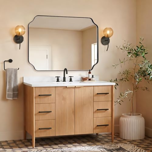 MIRRORART 30x40 Inch Bathroom Mirrors for Over Sink, Large Black Scalloped Mirror for Bathroom, Notched Corner Rectangle Mirror in 1’’ Stainless Steel Metal Frame Hang Vertical/Horizontal Decorative