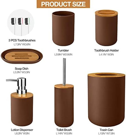 Bathroom Accessory Set, 6 Pcs Bathroom Essential Includes Toothbrush Holder, Toilet Brush with Soap Dispenser, Toothbrush Cup, Soap Dish, Trash Can (Brown, Bamboo)