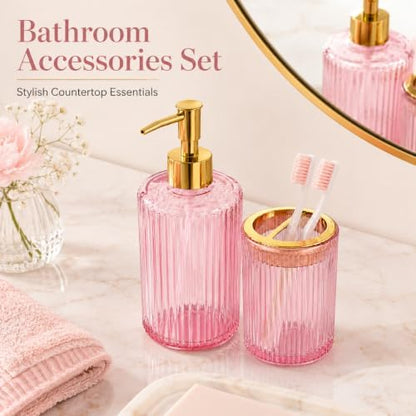 Pink Glass Bathroom Accessories Set, Soap Dispenser and Toothbrush Holder