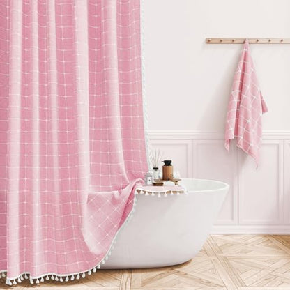 BTTN 60x72 Boho Farmhouse Linen Heavy Duty Fabric Shower Curtain Set, Pink