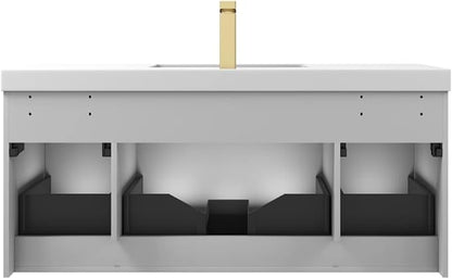 Blossom Wall Mounted 48 Inch Bathroom Vanity with Sink | All Wood Floating Bathroom Vanity Cabinet with Acrylic Sink, Soft-Close Drawer, Modern Minimalist Style Vanities for Bathroom (Light Grey)