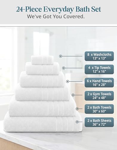 Casa Platino Bath Towel Set 100% Cotton 24 Piece Soft Absorbent - White