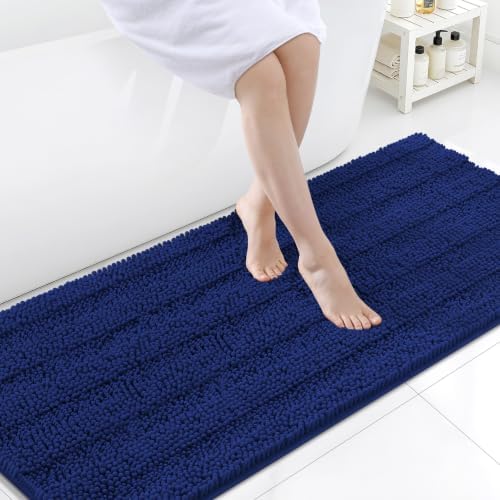 Grandaily Chenille Striped Bathroom Rugs 59x24, Extra Thick and Soft Absorbent Bath Mats, Rubber Backing, Plush Shaggy Shower Carpet, Machine Wash Dry, Bath Rug for Bathroom, Navy Blue