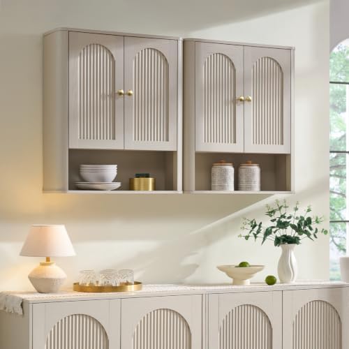 Bathroom Fluted Arched Wall Cabinet Set 2, 23.6''W Medicine Cabinet, Cream