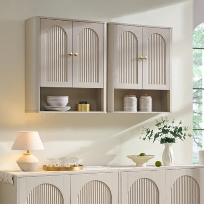 Bathroom Fluted Arched Wall Cabinet Set 2, 23.6''W Medicine Cabinet, Cream