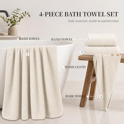 Oversize Bath Towels for Bathroom 35x70 Inches, 4-Piece Bathroom Set (1 Bath Towel, 1 Hair Towel, 1 Hand Towel, 1 Washcloth) Towels for Bathroom Set Soft and Absorbent Shower Towels Khaki