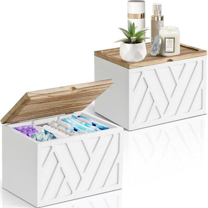 Jorkol 2 PCS White Tampon Holder for Bathroom Decor, Feminine Product Organizer with Lid, Shark Week Tampon Storage, Wood Pad and Tampon Organizer for Toilet Organizer, Bathroom Accessories Box
