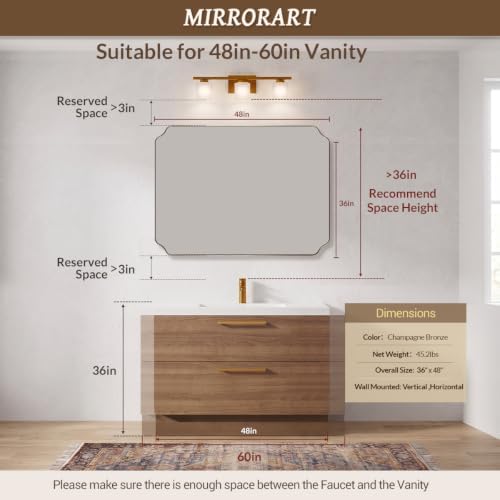 MIRRORART 36x48’’ Large Brushed Champagne Bronze Bathroom Mirrors for Wall