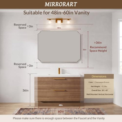 MIRRORART 36x48’’ Large Brushed Champagne Bronze Bathroom Mirrors for Wall