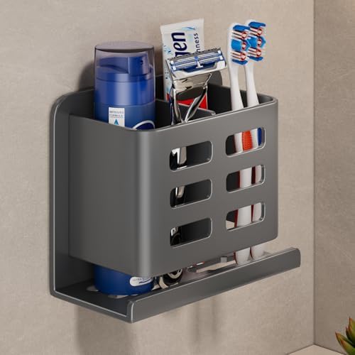 Grey Toothbrush Holder wall Mount, Aluminum，No Drilling Required