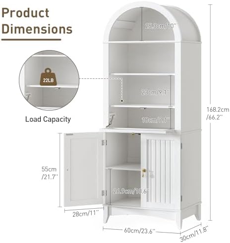 RALGEND 66" Tall Bathroom Storage Cabinet with Flip Drawer, Freestanding Storage Cabinet with Doors & Shelves,Arched Cabinets for Bathroom, Living Room, Kitchen, Laundry, White