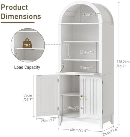RALGEND 66" Tall Bathroom Storage Cabinet with Flip Drawer, Freestanding Storage Cabinet with Doors & Shelves,Arched Cabinets for Bathroom, Living Room, Kitchen, Laundry, White