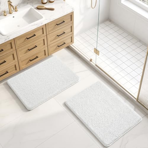 LOCHAS Bathroom Rug Shaggy Bath Mat 2 Piece, 24 x 17 Inch, White
