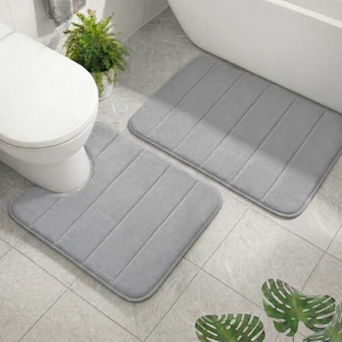 2 Piece Memory Foam Bath Mat Set, Extra Soft Absorbent Bathroom Rugs with U-Shaped Toilet Rug, Non-Slip Backing, Machine Washable, 24x16 + 20x20 U-Shaped, Gray
