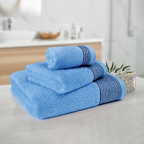 Belizzi Home Ultra Soft 3 Pack Cotton Towel Set, Contains a Bath Towel 28x55 inch, a Hand Towel 16x24 inch & a Wash Coth 12x12 inch, Ideal Everyday use, Compact & Lightweight -Sky Blue