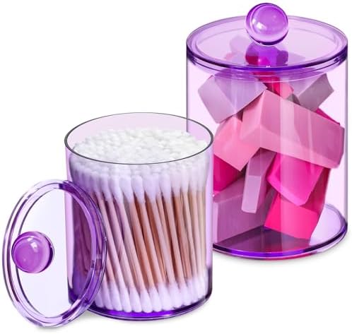 2 Pcs Acrylic Qtip Holder, Cotton Ball Holder Jars with Lids, Purple