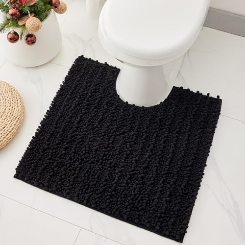 Toilet Rugs U-Shaped Mat 24x24, Contour Bathroom Mat - Ultra Soft & Absorbent Chenille, Quick-Dry, Machine Washable with Non Slip Barrier Backing, Black