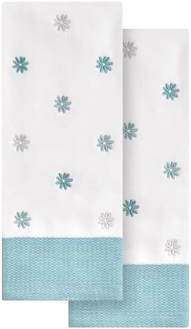 Ritz 2-Piece Cotton Velour Hand Towel Set, Embroidered Allover Daisies, White & Aqua Blue Floral Decorative Bathroom Towels for Cottage, Spa, or Summer Home Decor, 16 in x 26 in