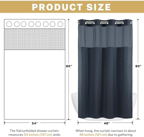 WONICY No Hook Shower Curtain with Snap-in Liner, Navy, 54 x 80