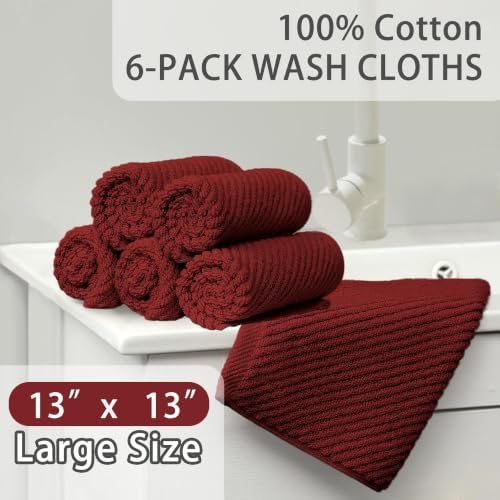 VOOVA & MOVAS Washcloths 6PC, 100% Cotton, 13x13 in, Burgundy Red