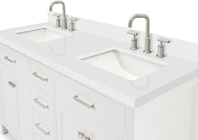 ARIEL Bristol 60-inch Bathroom Vanity with Sink,Solid Wood, 1.5-inch Pure White Quartz Countertop & Backsplash, Double Rectangular Porcelain Sink, 4 Soft Closing Doors, 3 Dovetail Drawers, White