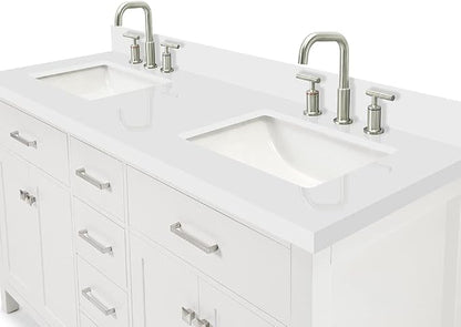 ARIEL Bristol 60-inch Bathroom Vanity with Sink,Solid Wood, 1.5-inch Pure White Quartz Countertop & Backsplash, Double Rectangular Porcelain Sink, 4 Soft Closing Doors, 3 Dovetail Drawers, White