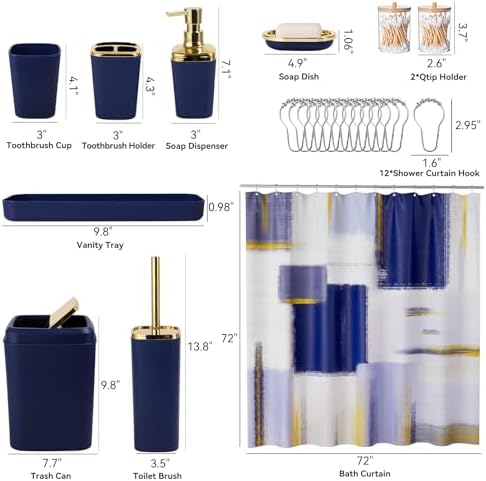 XLHOMO Blue and Gold Bathroom Accessories Set, Bathroom Sets with Shower Curtain, Blue Bathroom Accessories with Trash Can, Soap Dispenser, Soap Dish, Toilet Brush Holder, Qtip Holders for Bathroom