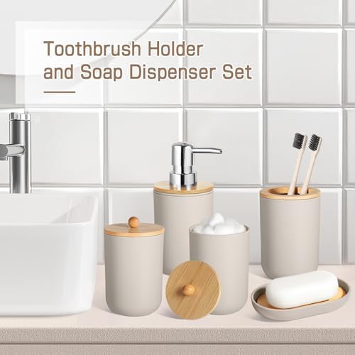 Bathroom Accessories Set 5 Pcs, Plastic Beige Bathroom Decor, Soap Dispenser and Toothbrush Holder Set, Soap Dish, Cotton Swab Jar, Bathroom Set, Boho Bathroom Organizer Accessory