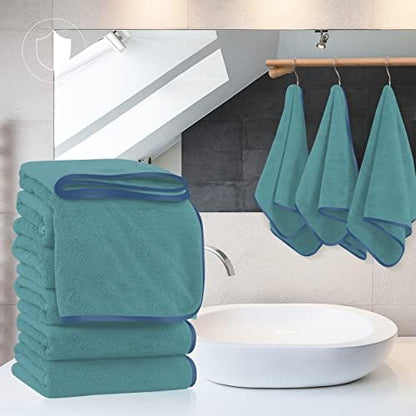 TENSTARS Silk Hemming Hand Towels for Bathroom - Quick Drying - Ultra Soft Microfiber Absorbent Towel for Bath Fitness, Gym, Shower, Hotel, and Spa - 16x28 Inch | Set of 6, Teal
