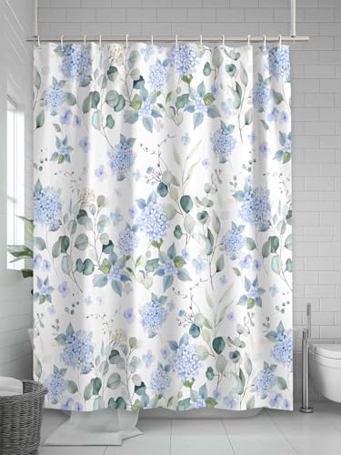 Shower Curtain Bathroom Set Summer Watercolor Blue Hydrangea Waterproof Fabric Shower Curtains with Grommets&Hooks Pastoral Eucalyptus Leaf Privacy Bath Curtain for Bathtub Decor 60x72IN